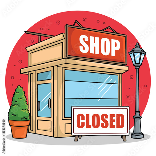 Empty storefront with shop closed plate store is not working vector illustration ideal for retail business closure announcement commercial theme and urban graphic design