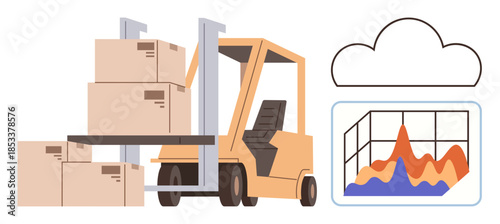 Forklift transports stacked boxes. Cloud and graph emphasize digital tracking, analytics, and logistics. Ideal for storage, shipping, e-commerce, inventory supply chain delivery planning. Simple