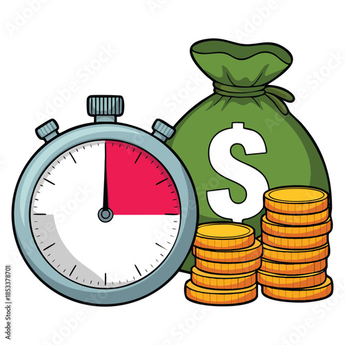 Fast money quick credit vector illustration showing bag of money stopwatch loan in a short time financial solution business finance and timely payment flat design concept