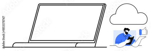 Cloud computing, digital collaboration, data storage, online services, remote work, modern technology. Laptop outline with cloud and a man using a tablet giving a thumbs-up. Cloud computing