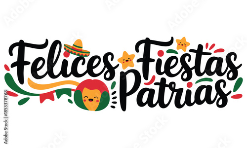 Felices fiestas patrias happy national holidays spanish text mexican theme patriotic celebration vector lettering ideal for festive cultural design artwork