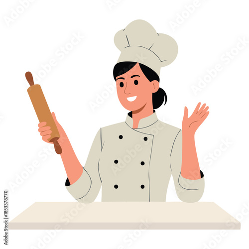 Female baker character in uniform rolling dough vector illustration suitable for culinary bakery food preparation and cooking themed creative artwork