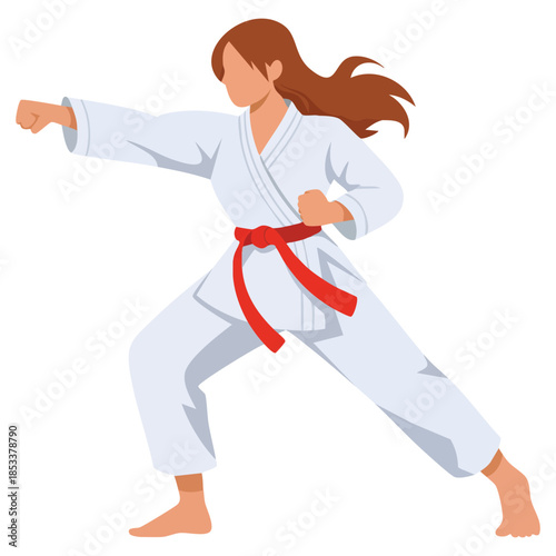 Female karate fighter character in white kimono performing martial art vector illustration cartoon style perfect for sport, Japan, or fighting themes