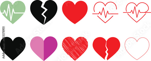Heart Health and Love Symbols Set with Broken Heart Shapes. Heart Icons Red Silhouette and Broken Heart.