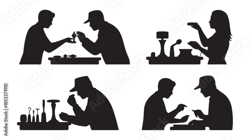 Silhouette of people working together in laboratory with scientific equipment in dark tone for scientific research