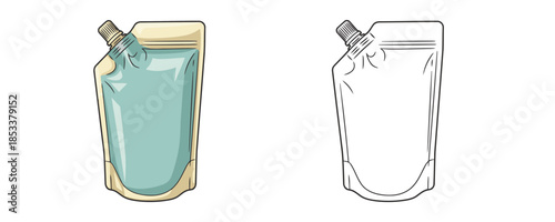 Flexible spout pouch packaging in cartoon and line art styles blue and beige colors for liquid storage like juice or sauce or detergent on white background for product design