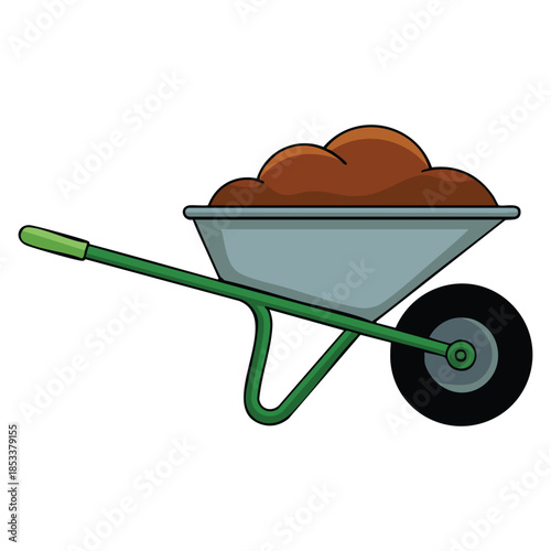 Flat style vector illustration of garden wheelbarrow full of soil or compost perfect for agriculture, gardening, farm work equipment and outdoor themed designs