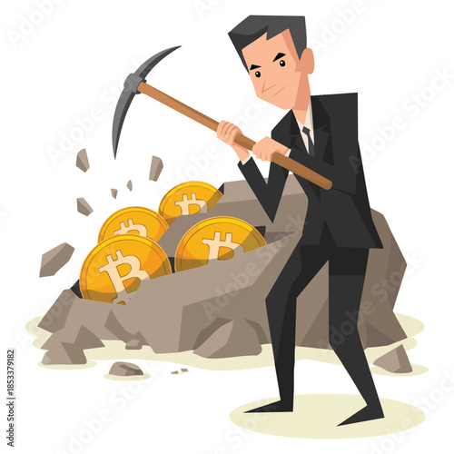 Flat vector design of businessman in black suit using pickaxe to extract bitcoins from mine perfect for cryptocurrency digital money and finance themed artwork
