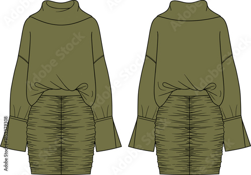 Fashion vector technical drawing illustration of a women's relaxed fit mini dress featuring a cowl neck, wide cuffs, and a fully ruched skirt.