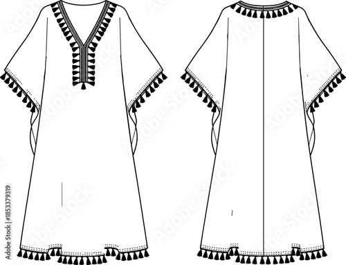 Fashion vector technical drawing illustration of a women's relaxed fit short caftan or kaftan dress featuring a V-neck and tassel trim details.