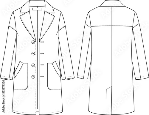 Fashion vector technical drawing illustration of a women's single-breasted mid-length coat featuring a notched lapel, dropped shoulders, and patch pockets.