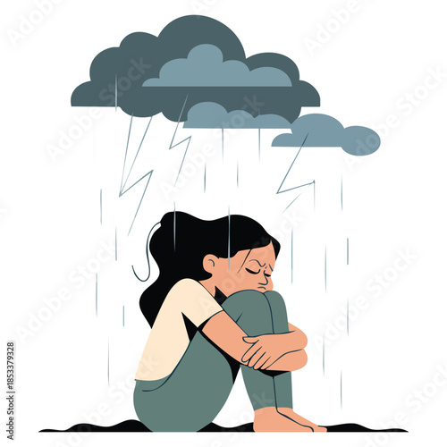 Flat vector illustration of young unhappy girl sitting under storm cloud crying suitable for mental disorder depression problem awareness and emotional design concepts