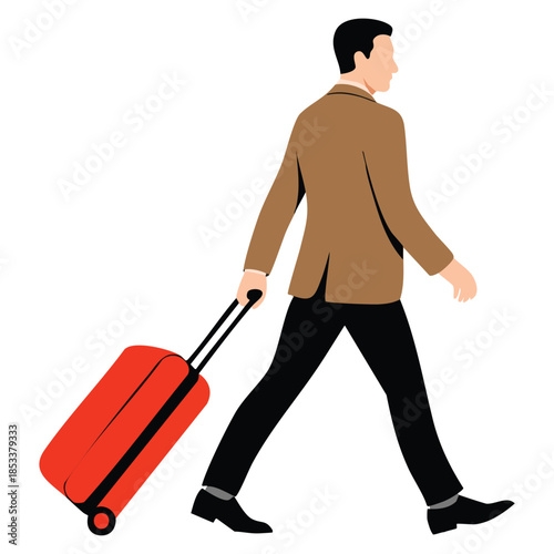 Flat vector railway composition showing isolated male character walking passenger with suitcase ideal for travel transport and commuter themed creative artwork