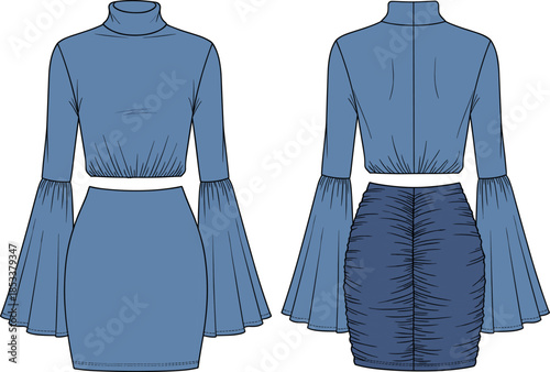 Fashion vector technical drawing illustration of a women's two-piece set featuring a cropped turtleneck top with bell sleeves and a ruched mini skirt.