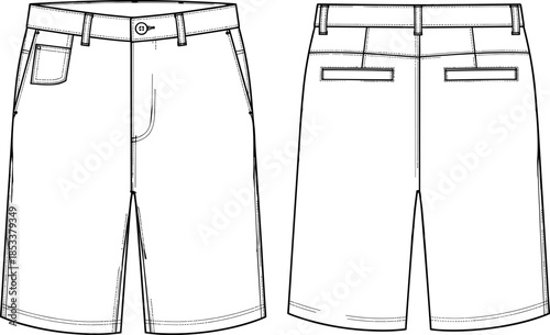 Fashion vector technical drawing illustration of a women's tailored Bermuda shorts with a straight leg, button closure, belt loops, and back welt pockets.