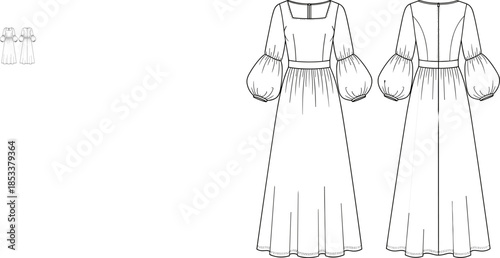 Fashion vector technical drawing illustration of an elegant women's maxi dress featuring a square neckline, fitted bodice, 