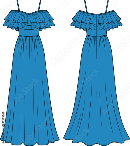 Fashion vector technical drawing illustration of an elegant women's maxi length off-the-shoulder evening gown with tiered ruffles, spaghetti straps, and a fitted bodice.