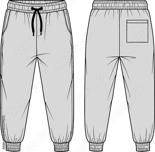 Fashion vector technical drawing illustration of comfortable women's jogger sweatpants featuring an elastic drawstring waist, side pockets, and ribbed cuffs.