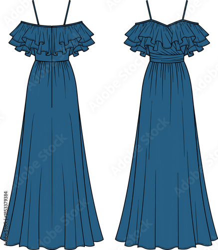 Fashion vector technical drawing illustration of an elegant women's maxi length off-the-shoulder gown with tiered ruffles, thin straps, and a draped bodice waist detail.