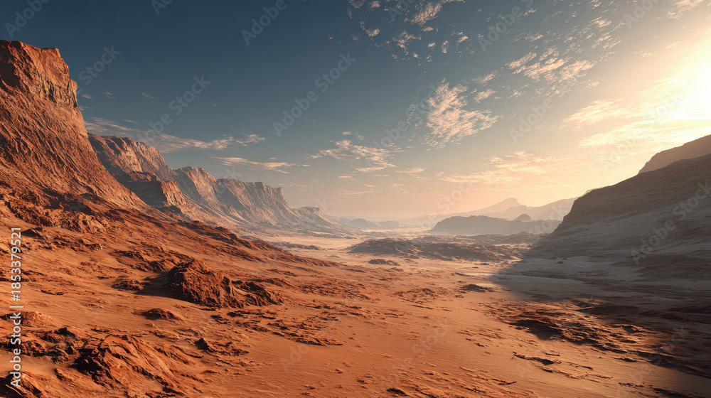 Naklejka premium Mars landscape showing rock desert and sky concept. Breathtaking desert landscape under a vast blue sky at sunrise.