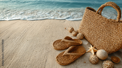 Straw tote and tan sandals on beach concept. Beach essentials with woven bag and flip-flops on sandy shore.