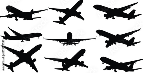 Airplane silhouettes, commercial aircraft, aviation icons, black and white vector, flying planes, jet profiles, airline design, travel, transportation, flight