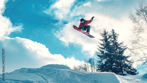 Snowboarder backflipping in extreme action concept. Daring snowboarder soars through sky in a stunning winter landscape.