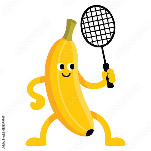 Funny yellow banana fruit character playing badminton enjoying vacation vector illustration perfect for playful tropical fruit cartoon kid activity themed designs