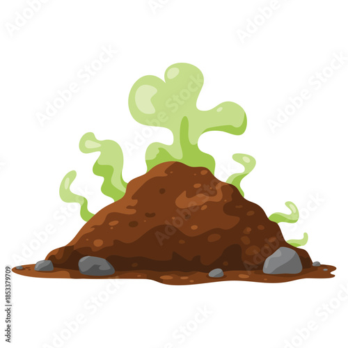 Garbage dump scenery with stink flies flying around mountains of trash and waste in a polluted environment vector illustration showing smelly landfill and scattered debris