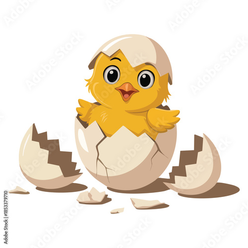 Funny yellow newborn chicken in broken egg shell cute emoji character vector illustration ideal for farm animal cartoon kids story or educational themed artwork