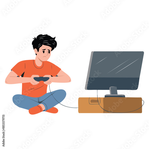 Gambling addiction vector illustration with stressed man playing video game ideal for lifestyle awareness mental health concept and educational projects
