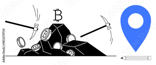 Cryptocurrency, blockchain technology, digital finance, Bitcoin mining, cashless economy, global transactions. Mining tools extracting Bitcoin from rocks with a map marker icon. Cryptocurrency