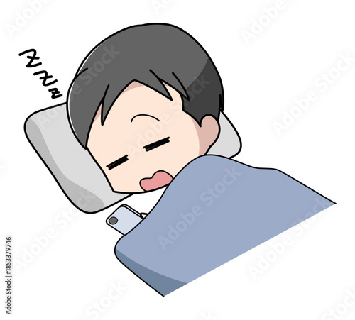 寝ながらスマートフォンを操作し寝落ちした男性のイラスト