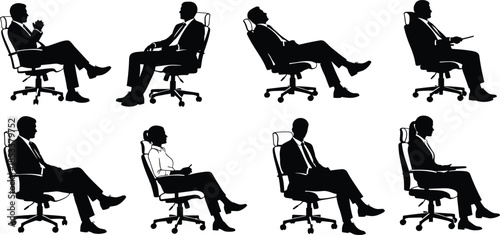 Business People Silhouettes Sitting in Office Chairs, Professional Corporate Staff Poses, Executive Team Meeting, Diverse Office Workspace Silhouette Vector Illustrations