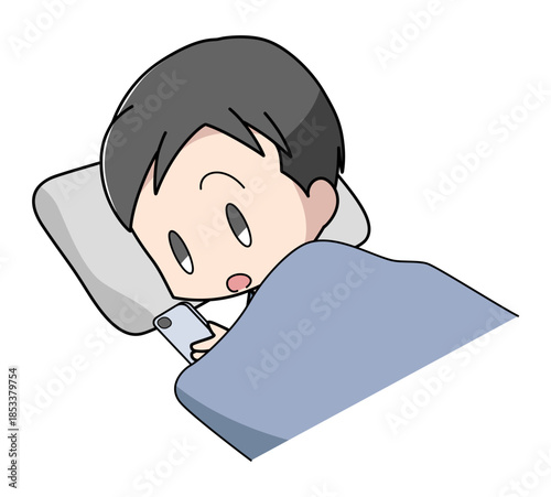 寝ながらスマートフォンを操作する男性のイラスト
