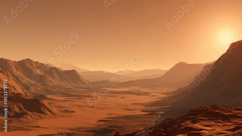 Mars landscape showing rock desert and sky concept. Mars-like desert landscape with sun setting over distant mountains.