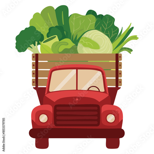 Garden vegetables delivery cute truck vector illustration with broccoli and Chinese cabbage front view perfect for farm produce transportation and creative artwork