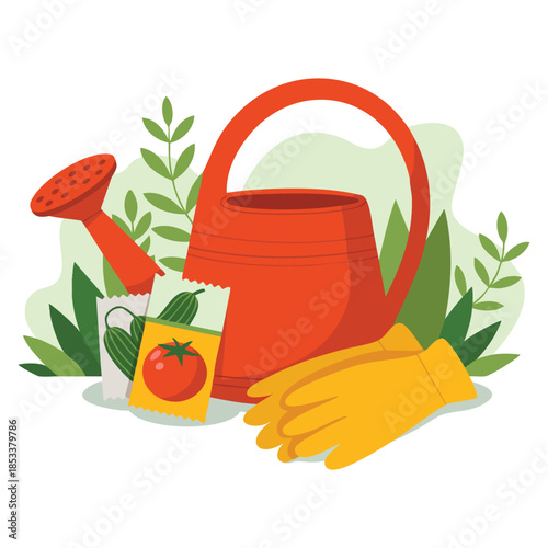 Garden inventory vector composition with watering can and seed grains perfect for planting gardening horticulture and nature themed decorative or educational designs
