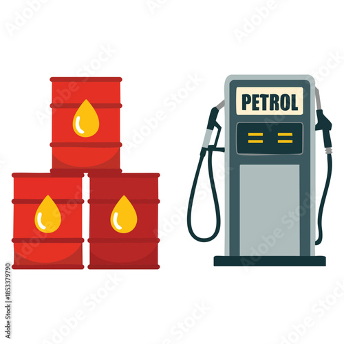 Gas filling station with gasoline pump and barrel with oil vector set illustration perfect for fuel, petroleum, automotive, and service station themed designs