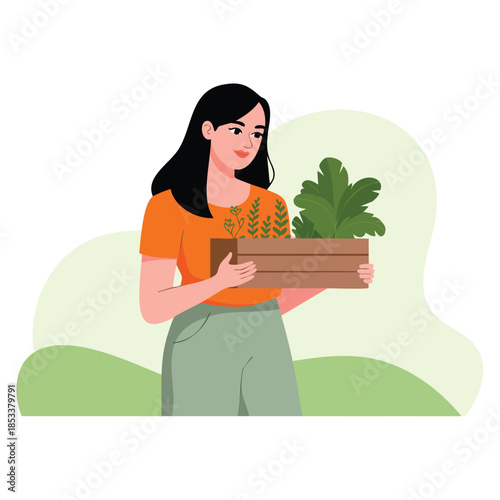 Garden work vector illustration of girl holding seedlings and people growing agricultural products ideal for farm rural lifestyle and planting themed creative artwork