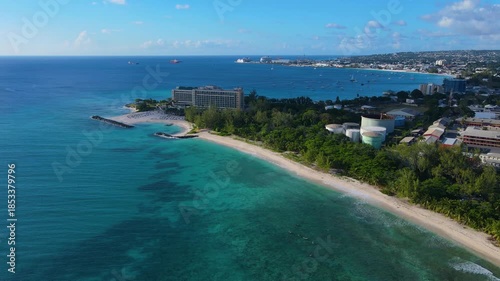 Drill Hall Beach panoramic aerial view at South Coast in city of Bridgetown, Saint Michael, Barbados. 