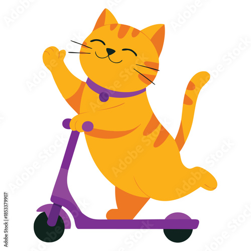Ginger cat character vector illustration riding kick scooter suitable for cute children playful cartoon fun activity and animal themed design artwork