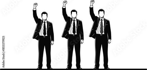 Business unity silhouette, raised fists, formal suits, protest gesture, black and white vector, empowerment, teamwork, solidarity, corporate stance, minimal design