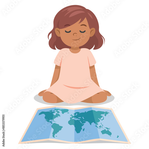 Girl cartoon character learning geography vector illustration viewing world map elementary school student ideal for educational learning and classroom themed artwork