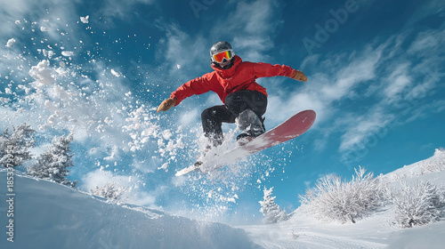Snowboarder backflipping in extreme action concept. Snowboarder catching air in bright winter landscape under blue sky.