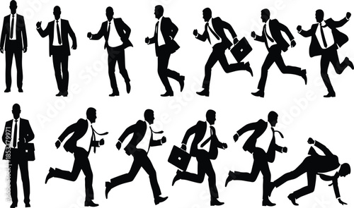 Businessman running silhouette, motion sequence, formal suit, urgency concept, black and white vector, corporate stress, dynamic posture, briefcase, stumble, speed