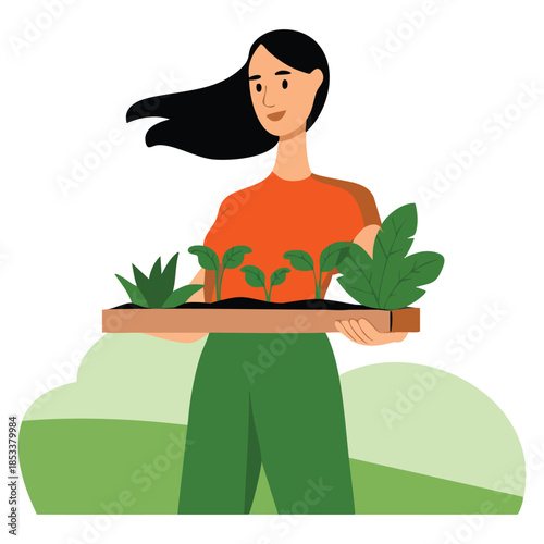 Girl holding box with seedlings vector illustration people working in garden growing agricultural products perfect for farm rural lifestyle and planting themed artwork