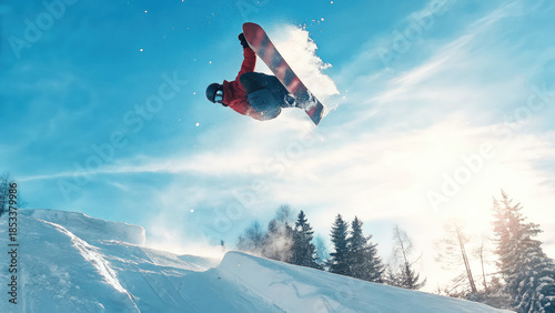Snowboarder backflipping in extreme action concept. Snowboarder flipping in mid-air on sunny winter day.