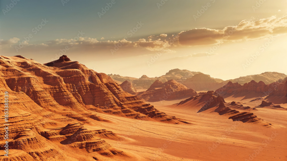 Naklejka premium Mars landscape showing rock desert and sky concept. Stunning desert landscape with rocky formations and golden sands.