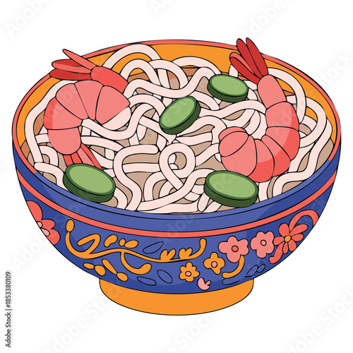 Glass noodles with shrimp bowl vector illustration suitable for Asian food wok dish traditional cuisine and culinary design projects